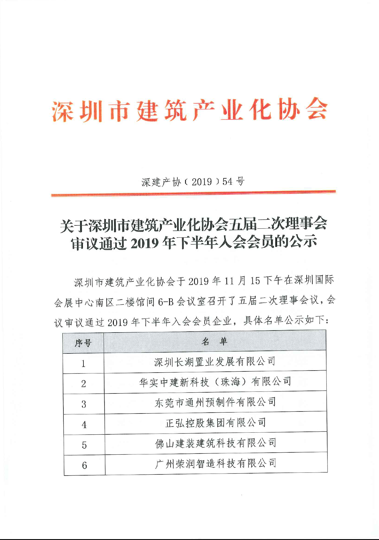 关于深圳市建筑产业化协会五届二次理事会审议通过2019年下半年入会会员的公示